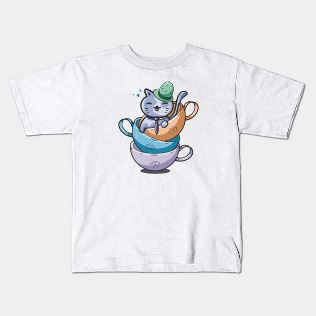 Cut Cat Tea Time Kids T-Shirt by Xatutik-Art